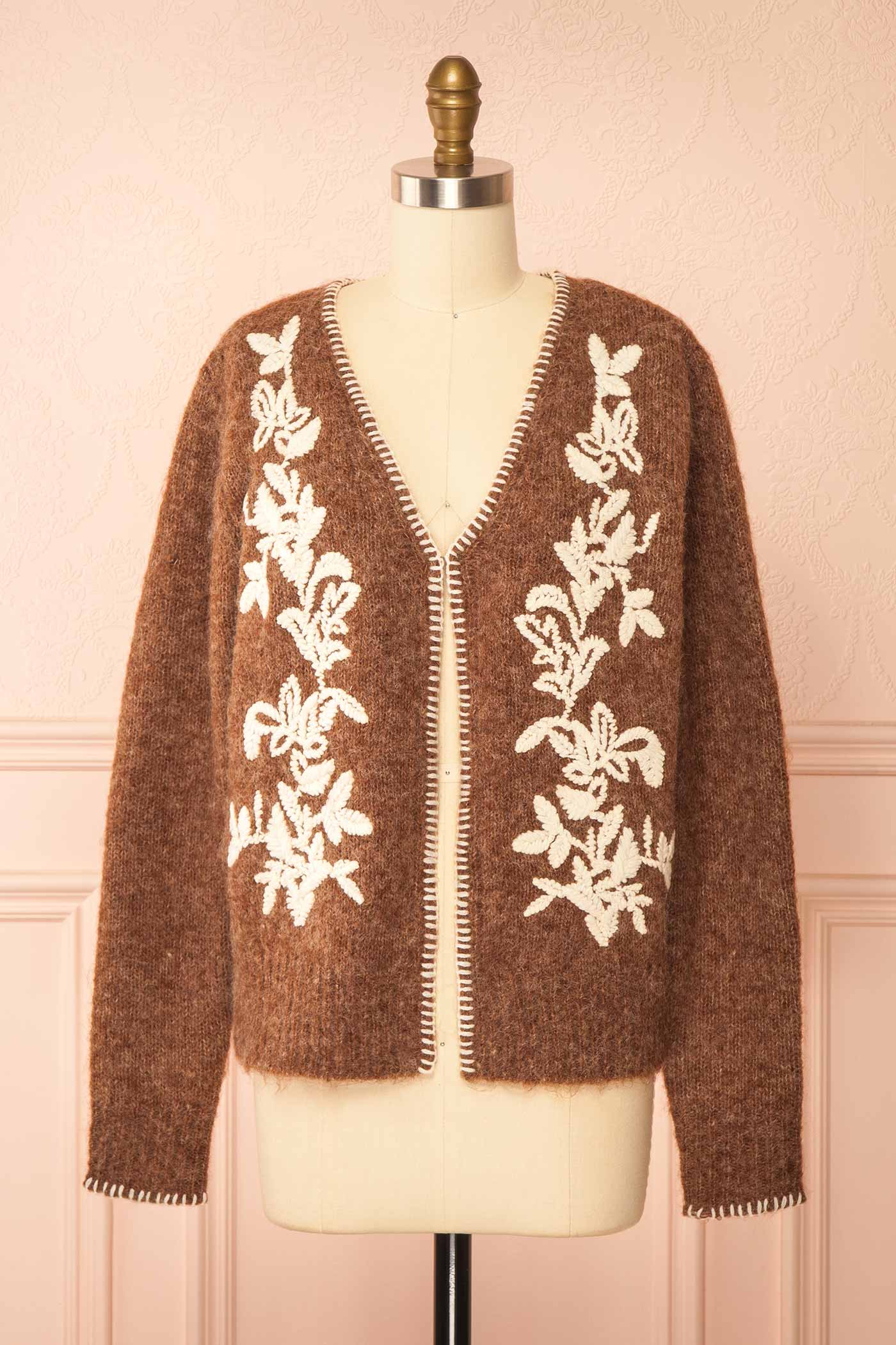 front view of Edulia Brown Knit Cardigan with Floral Embroidery at La petite garçonne 