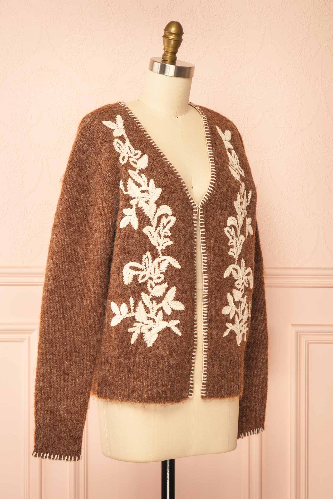 side view of Edulia Brown Knit Cardigan with Floral Embroidery at La petite garçonne 