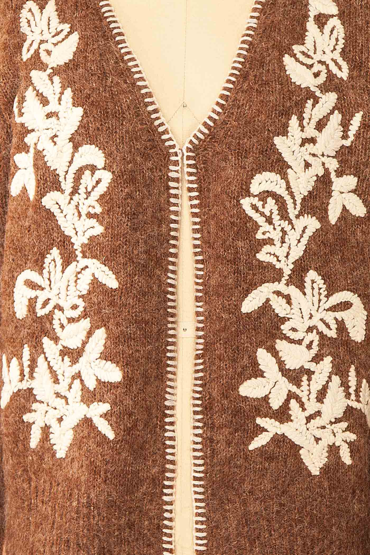 fabric view of Edulia Brown Knit Cardigan with Floral Embroidery at La petite garçonne 