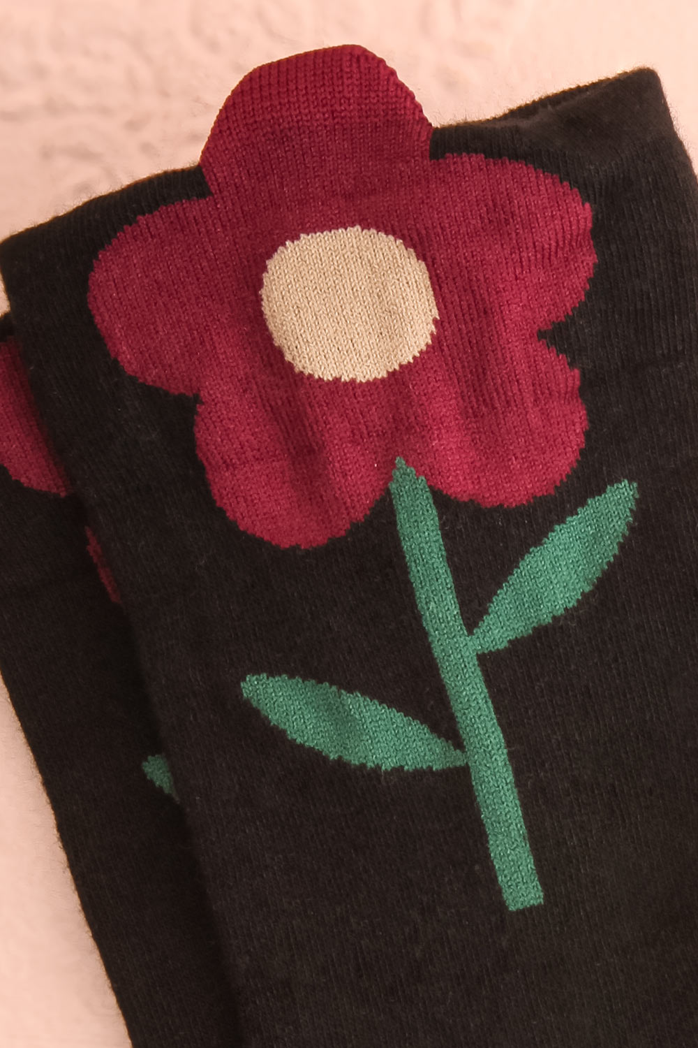 Eijil Black Socks w/ Burgundy Flower | Boutique 1861 close-up