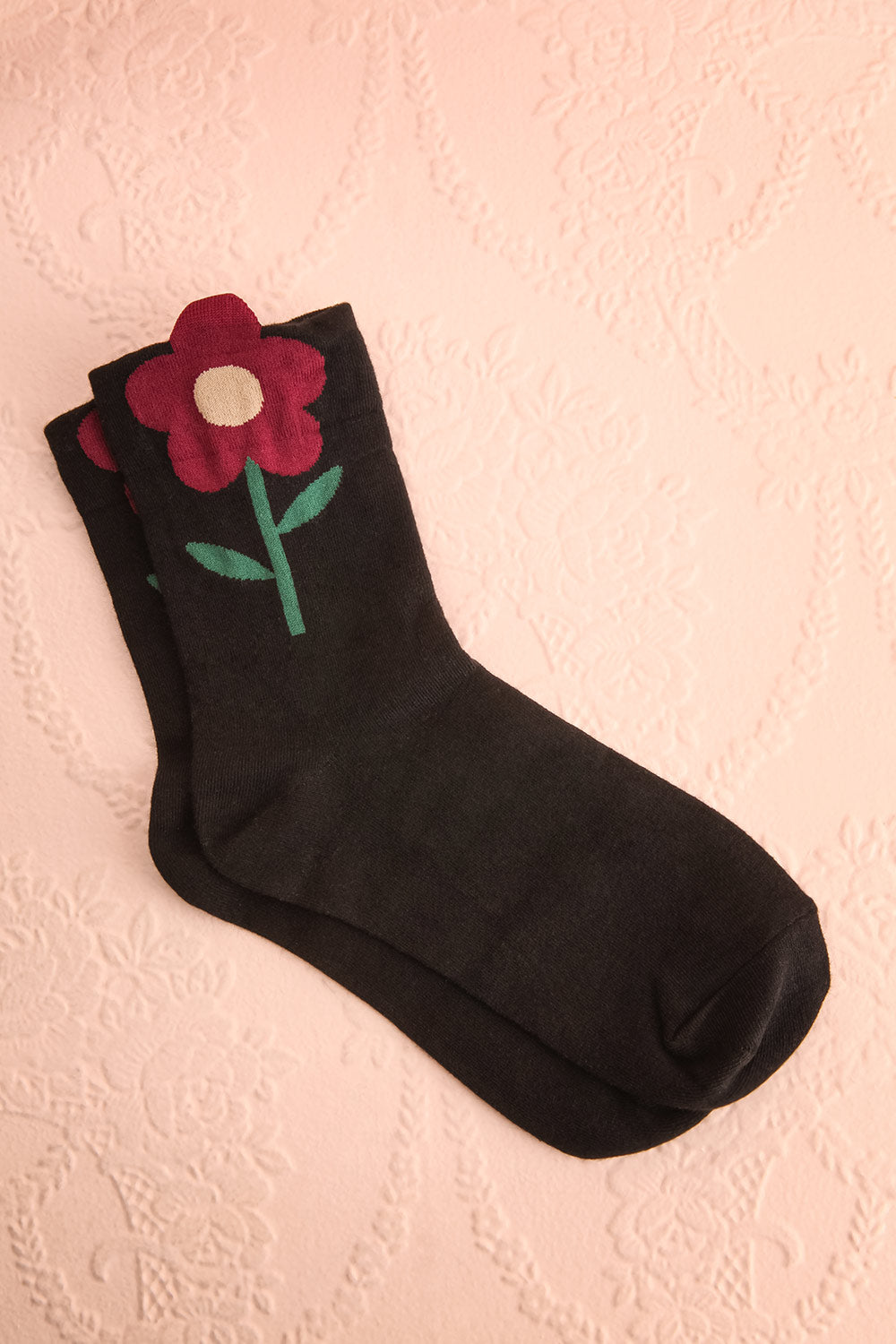 Eijil Black Socks w/ Burgundy Flower | Boutique 1861