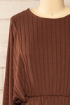 Eilat Brown Monochrome Striped Peplum Top | La petite garçonne front close-up