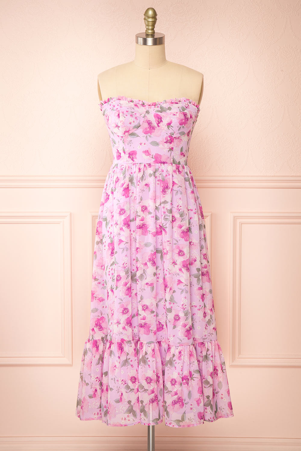 Eimi Pink Bustier Floral Midi Dress w/ Removable Straps | Boutique 1861 front view 