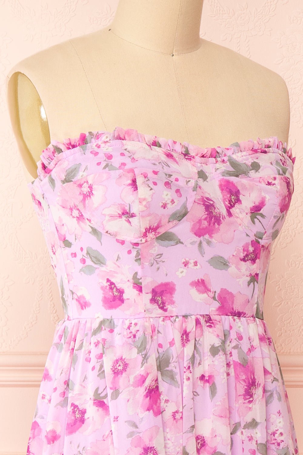 Eimi Pink Bustier Floral Midi Dress w/ Removable Straps | Boutique 1861 side close-up