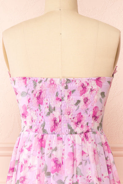 Eimi Pink Bustier Floral Midi Dress w/ Removable Straps | Boutique 1861 back close-up