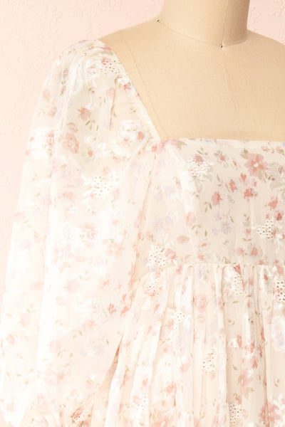 Eira Beige Floral Maxi Babydoll Dress w/ Openwork | Boutique 1861 side close-up