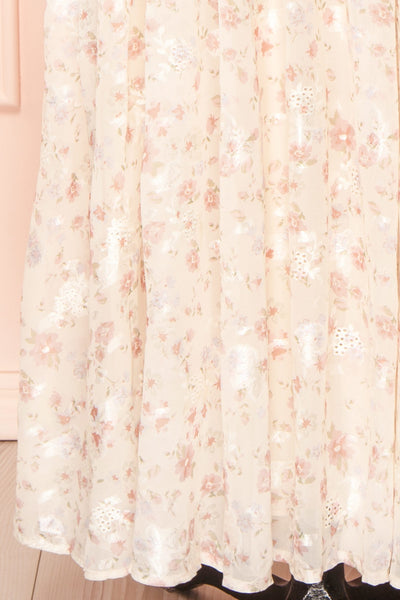 Eira Beige Floral Maxi Babydoll Dress w/ Openwork | Boutique 1861 bottom close-up