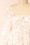 Eira Beige Floral Maxi Babydoll Dress w/ Openwork | Boutique 1861 front close-up