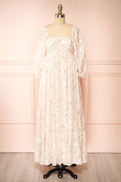 Eira Beige Floral Maxi Babydoll Dress w/ Openwork | Boutique 1861 front view