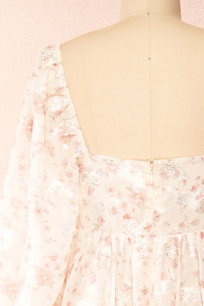 Eira Beige Floral Maxi Babydoll Dress w/ Openwork | Boutique 1861 back close-up