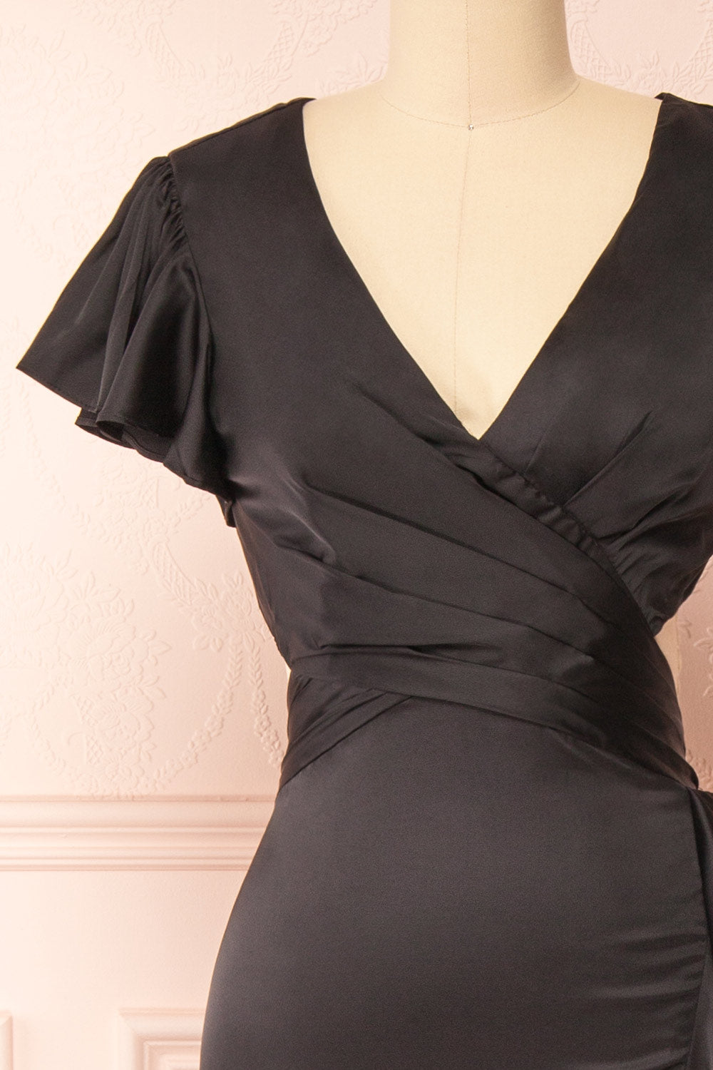 Eirlys Black Asymmetrical Satin Dress w/ Ruffles | Boutique 1861 front close-up