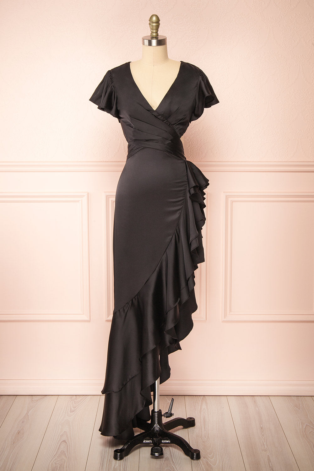 Eirlys Black Asymmetrical Satin Dress w/ Ruffles | Boutique 1861 front view