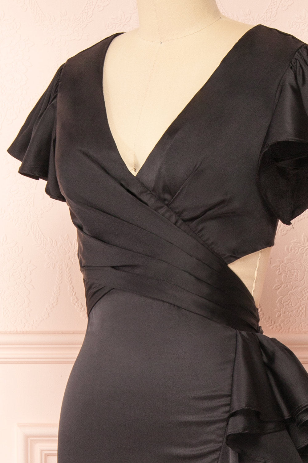 Eirlys Black Asymmetrical Satin Dress w/ Ruffles | Boutique 1861 side close-up