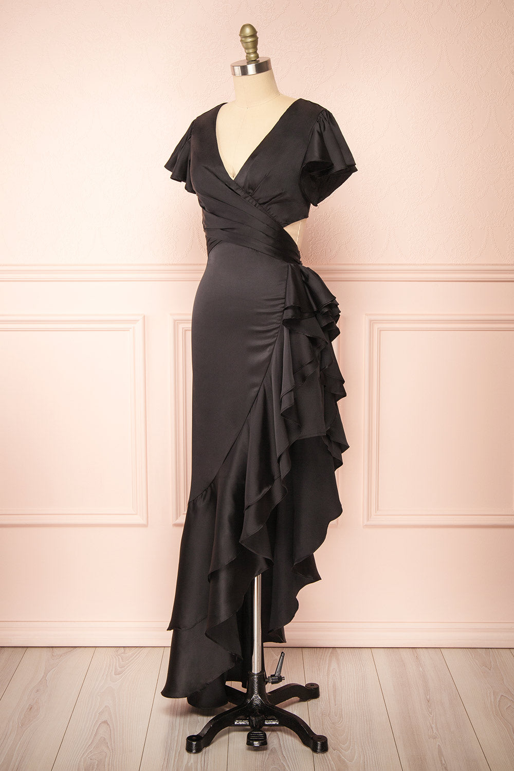 Eirlys Black Asymmetrical Satin Dress w/ Ruffles | Boutique 1861 side view