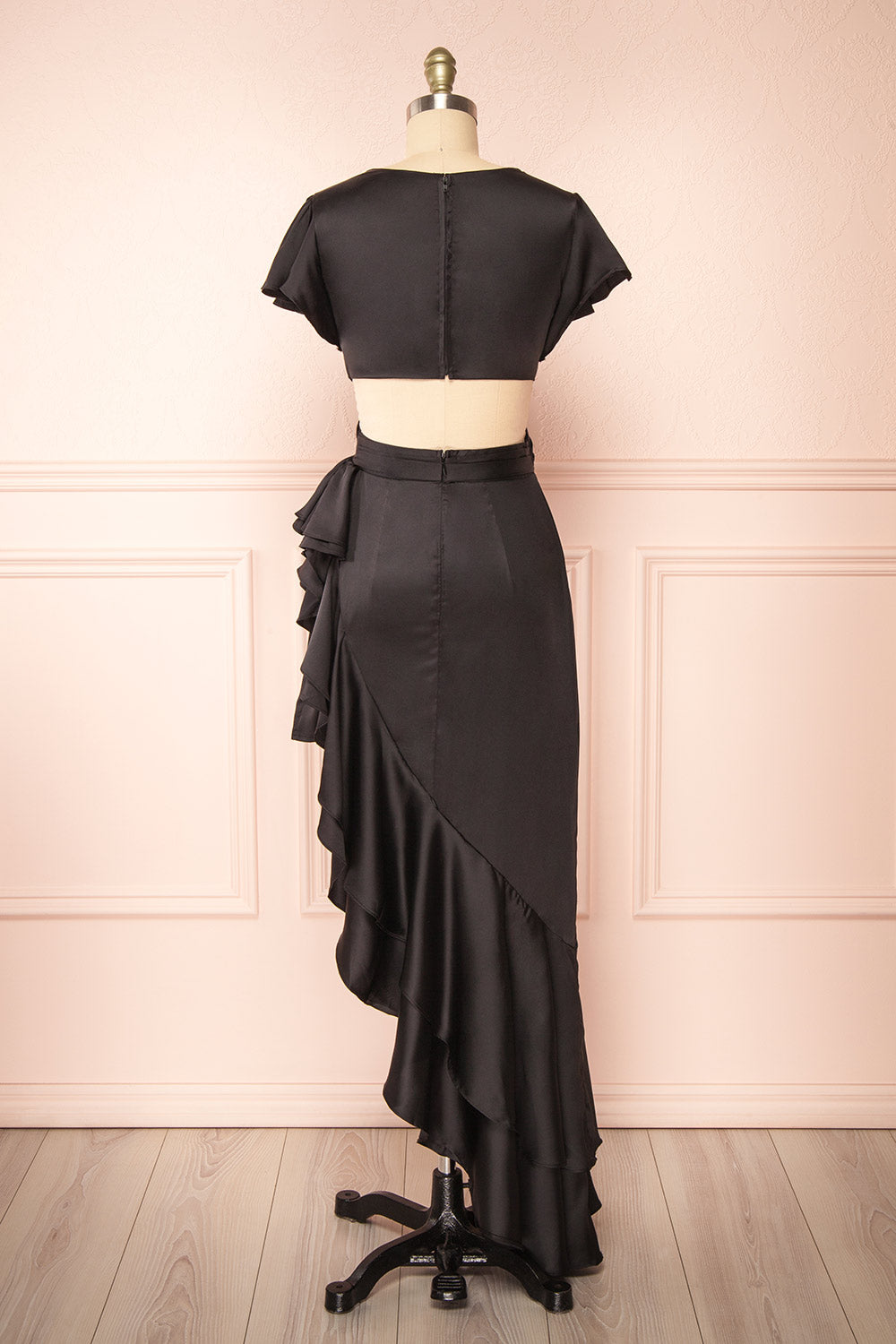 Eirlys Black Asymmetrical Satin Dress w/ Ruffles | Boutique 1861 back view
