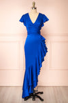Eirlys Blue Asymmetrical Satin Dress w/ Ruffles | Boutique 1861 front view