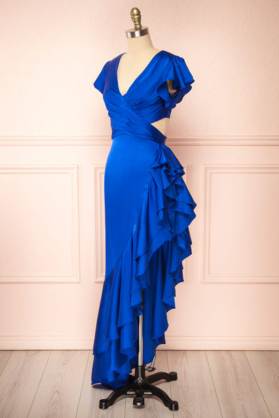 Eirlys Blue Asymmetrical Satin Dress w/ Ruffles | Boutique 1861 side view