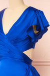 Eirlys Blue Asymmetrical Satin Dress w/ Ruffles | Boutique 1861 side close-up