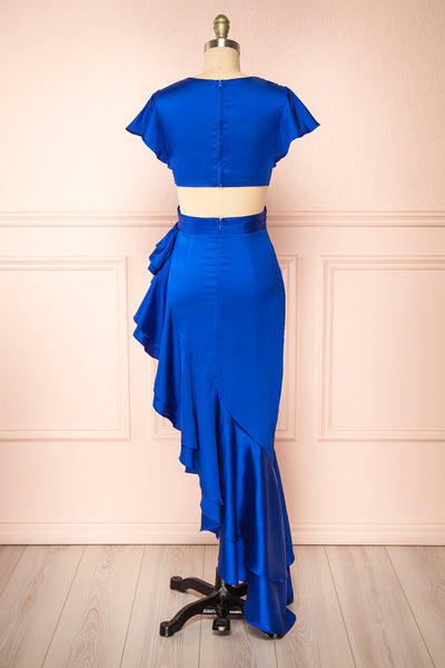 Eirlys Blue Asymmetrical Satin Dress w/ Ruffles | Boutique 1861 back view