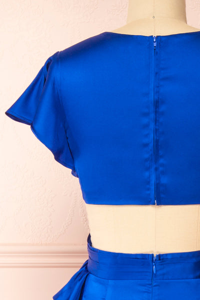 Eirlys Blue Asymmetrical Satin Dress w/ Ruffles | Boutique 1861 back close-up