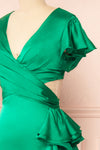 Eirlys Green Asymmetrical Satin Dress w/ Ruffles | Boutique 1861 side close-up