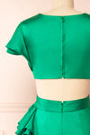 Eirlys Green Asymmetrical Satin Dress w/ Ruffles | Boutique 1861 back close-up