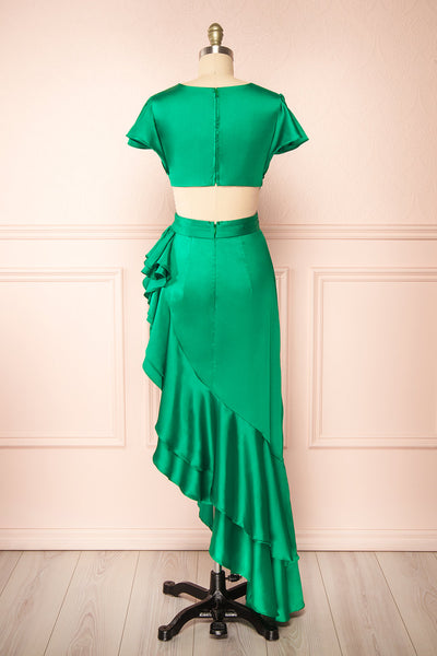 Eirlys Green Asymmetrical Satin Dress w/ Ruffles | Boutique 1861 back view