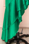 Eirlys Green Asymmetrical Satin Dress w/ Ruffles | Boutique 1861 close-up