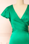 Eirlys Green Asymmetrical Satin Dress w/ Ruffles | Boutique 1861 front close-up