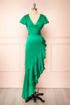 Eirlys Green Asymmetrical Satin Dress w/ Ruffles | Boutique 1861 front view
