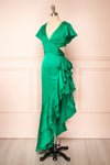 Eirlys Green Asymmetrical Satin Dress w/ Ruffles | Boutique 1861 side view
