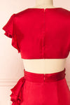 Eirlys Red Asymmetrical Satin Dress w/ Ruffles | Boutique 1861 back close-up