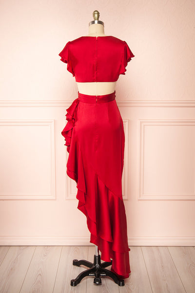 Eirlys Red Asymmetrical Satin Dress w/ Ruffles | Boutique 1861 back view