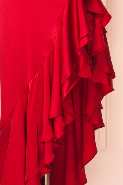 Eirlys Red Asymmetrical Satin Dress w/ Ruffles | Boutique 1861 bottom close-up