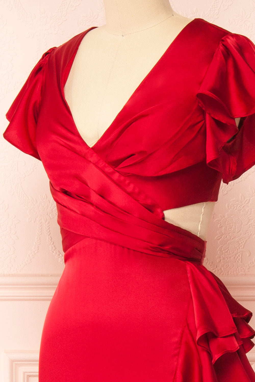 Eirlys Red Asymmetrical Satin Dress w/ Ruffles | Boutique 1861 side close-up