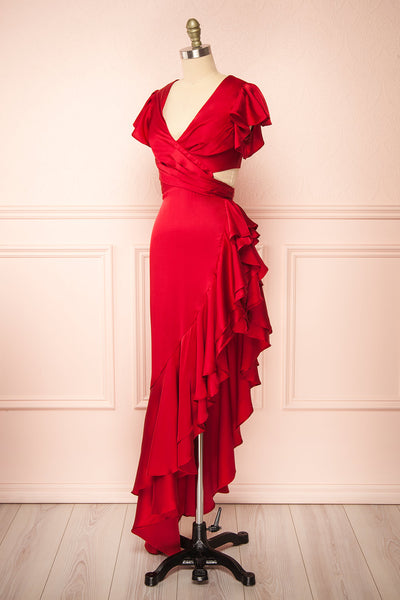 Eirlys Red Asymmetrical Satin Dress w/ Ruffles | Boutique 1861 side viw