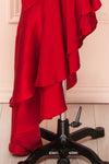 Eirlys Red Asymmetrical Satin Dress w/ Ruffles | Boutique 1861 close-up