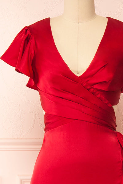 Eirlys Red Asymmetrical Satin Dress w/ Ruffles | Boutique 1861 front close-up