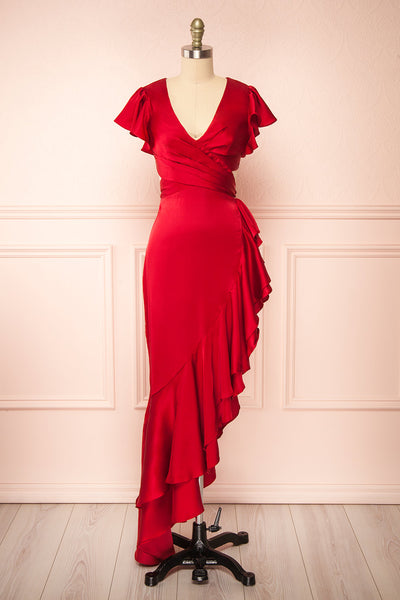 Eirlys Red Asymmetrical Satin Dress w/ Ruffles | Boutique 1861 front view