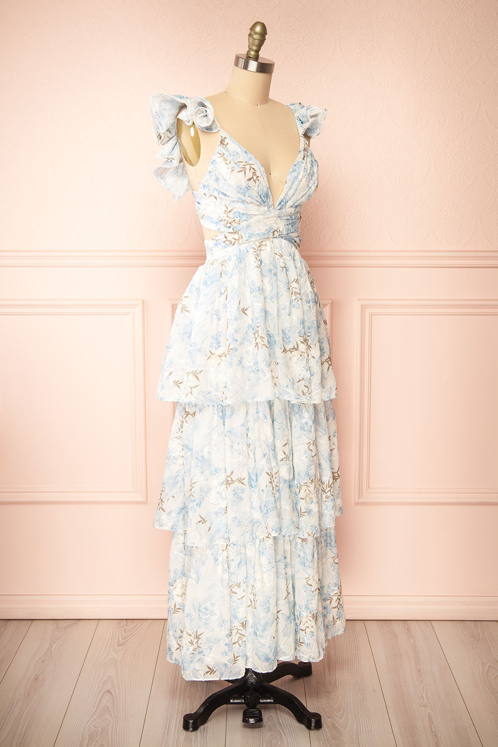 Ekatarina Long Floral Dress w/ Ruffled Straps | Boutique 1861 side view