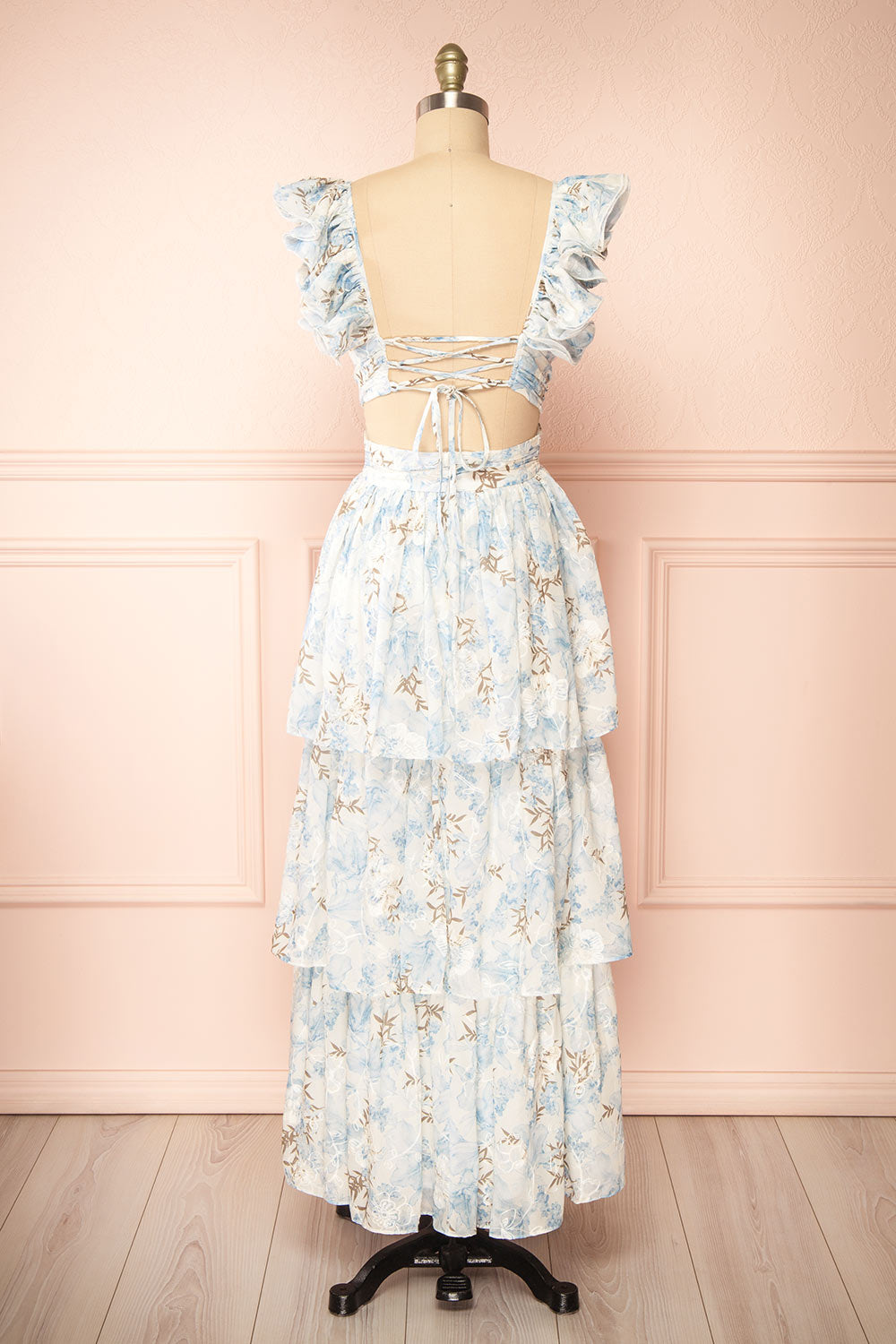 Ekatarina Long Floral Dress w/ Ruffled Straps | Boutique 1861 back view