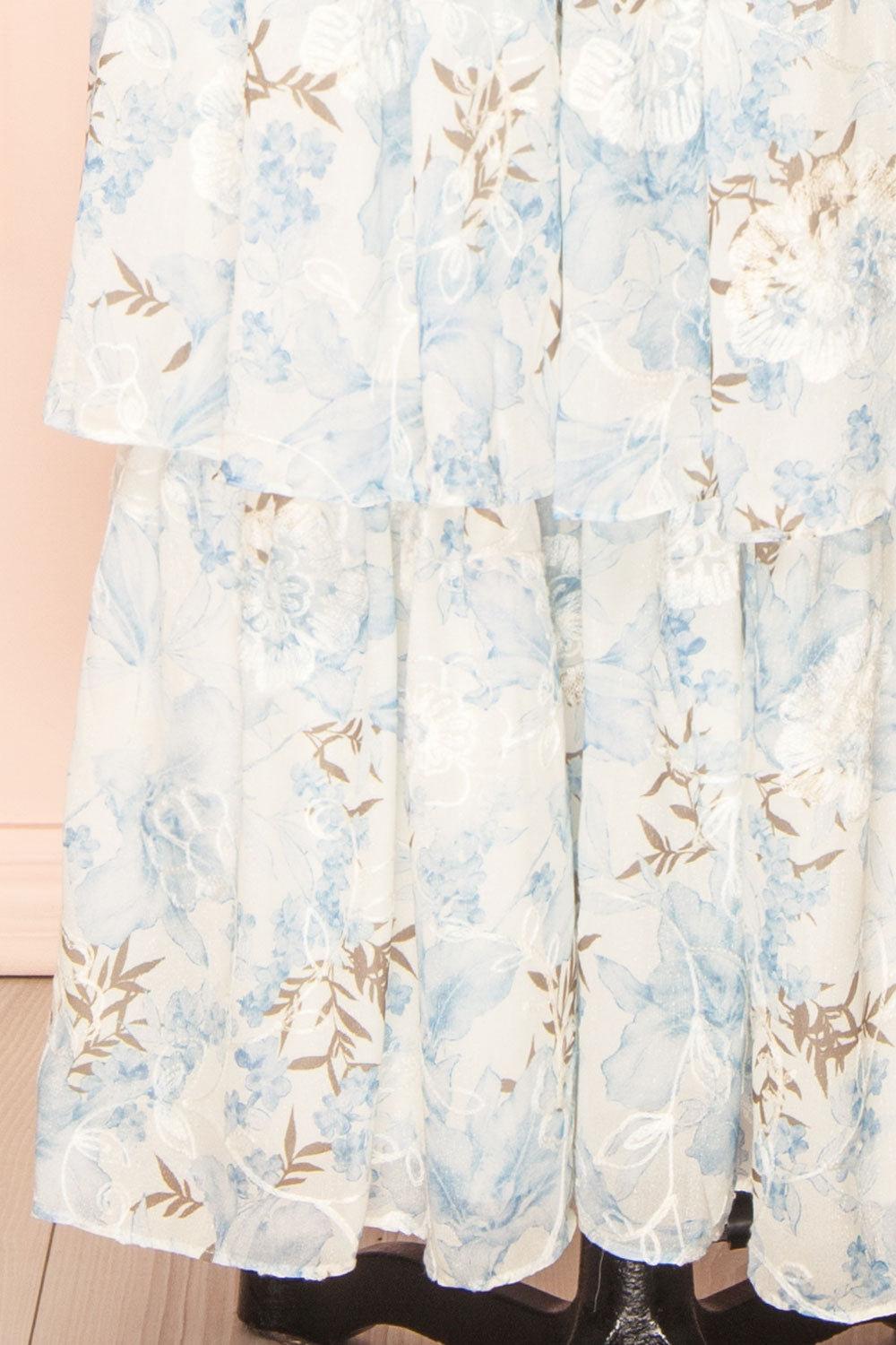 Ekatarina Long Floral Dress w/ Ruffled Straps | Boutique 1861 bottom close-up