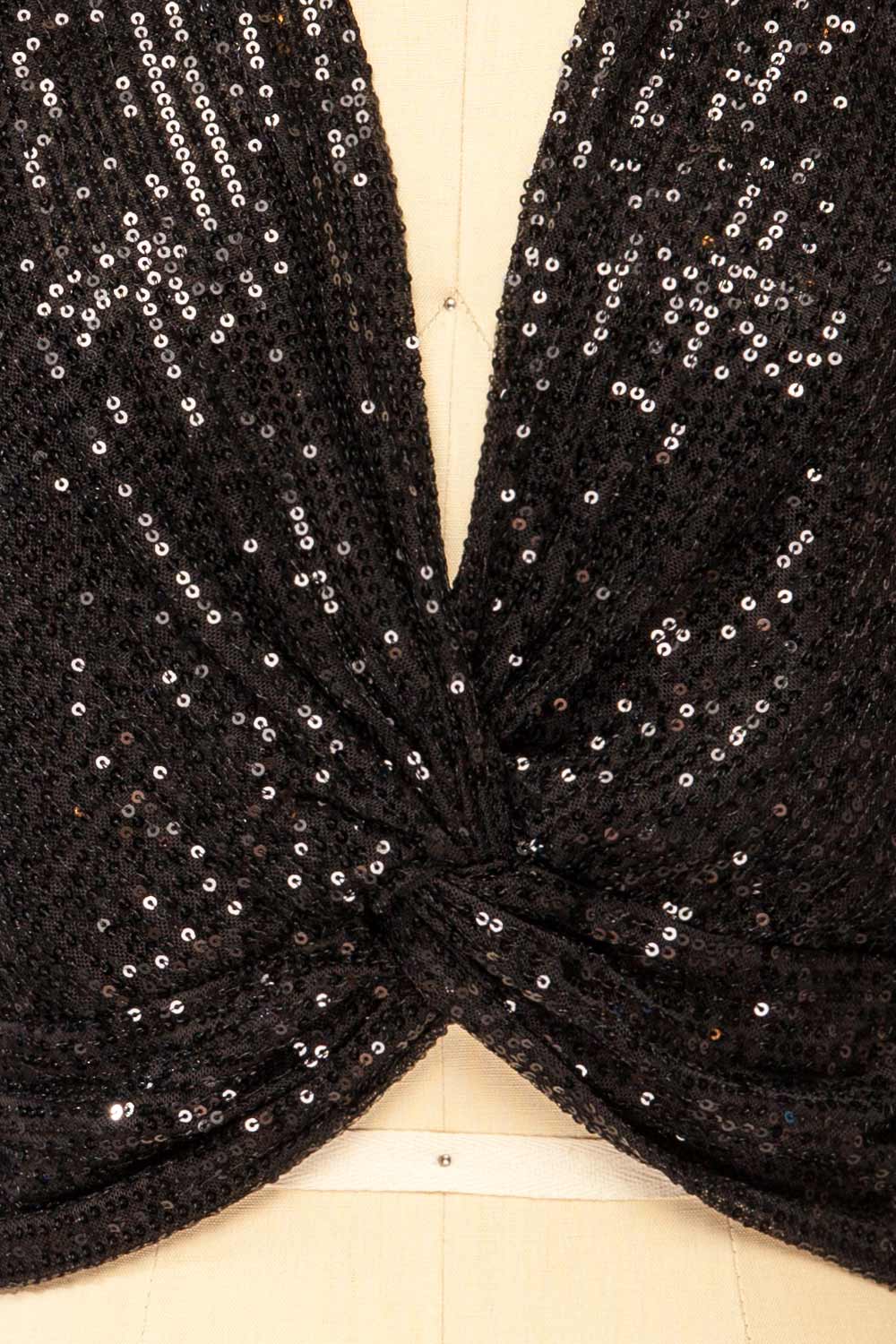 Ekinoxia Black Sequin Top w/ Twist Front | La petite garçonne detail close-up