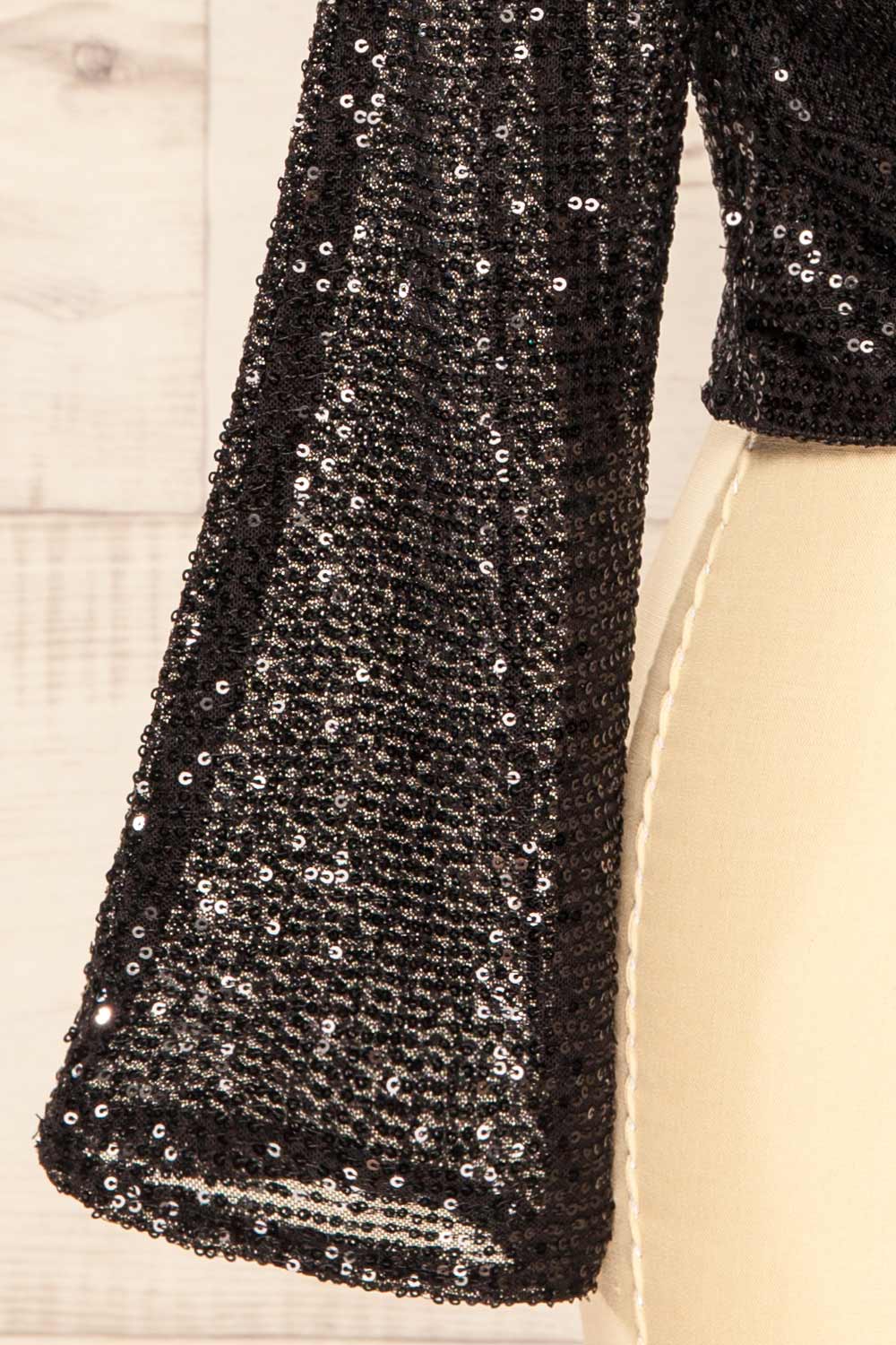 Ekinoxia Black Sequin Top w/ Twist Front | La petite garçonne sleeve close-up