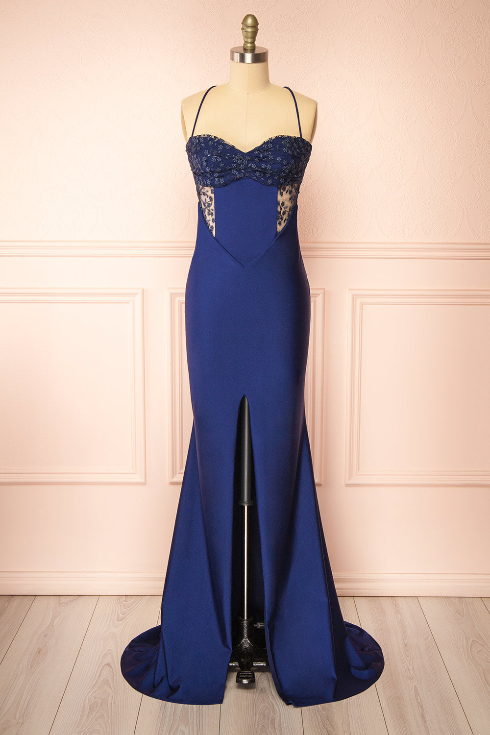 Elaria Navy Embroidered Fitted Dress | Boutique 1861 front view