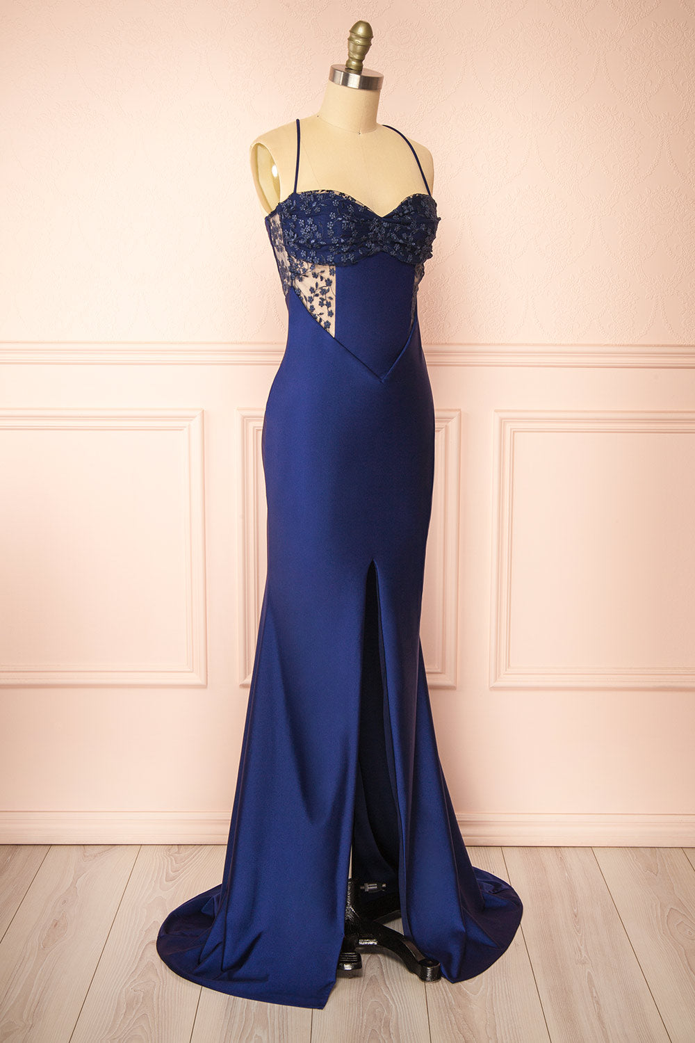 Elaria Navy Embroidered Fitted Dress | Boutique 1861 side view