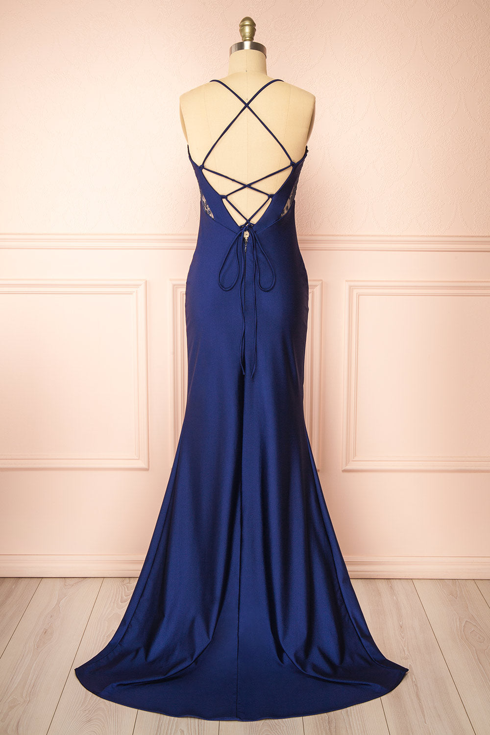 Elaria Navy Embroidered Fitted Dress | Boutique 1861 back view