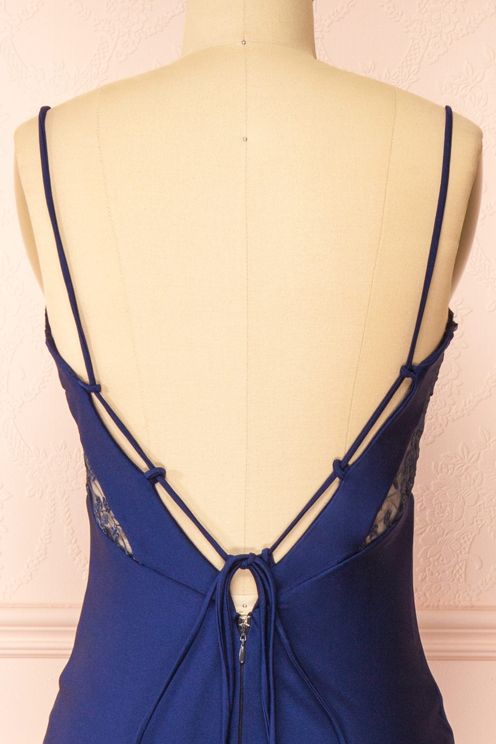 Elaria Navy Embroidered Fitted Dress | Boutique 1861 open back