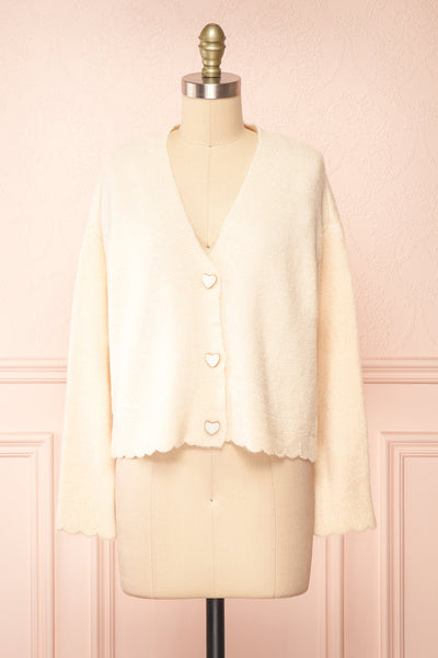 Elarisse Ivory Knit Cardigan w/ Heart Buttons | Boutique 1861 front view