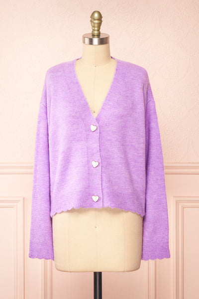 Elarisse Lilac Knit Cardigan w/ Heart Buttons | Boutique 1861 front view